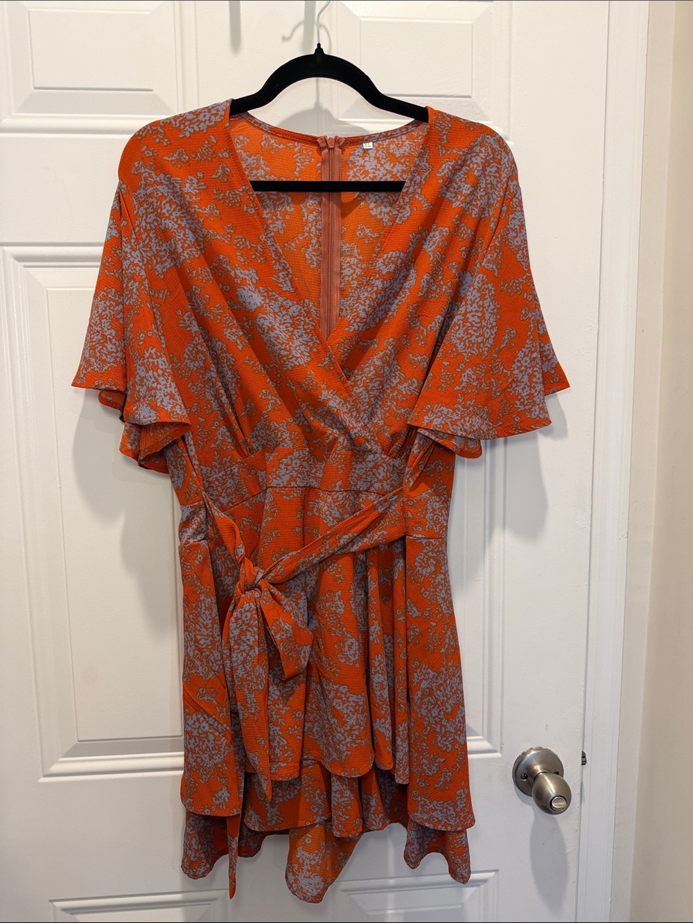 Amazon Orange Floral Wrap Romper with Tie Waist